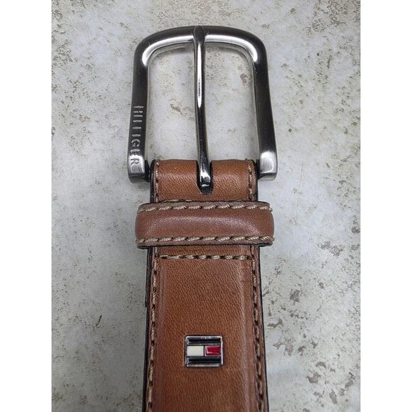 Tommy Hilfiger Tan Belt Sz 36 Genuine Leather Western Cowboy Silver Tone Buckle - Picture 2 of 6
